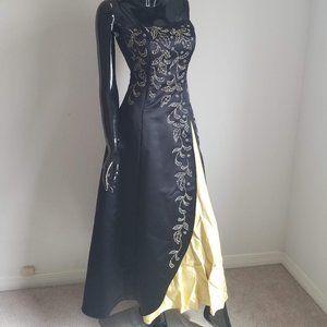Black and Gold Satin Gown with Sash